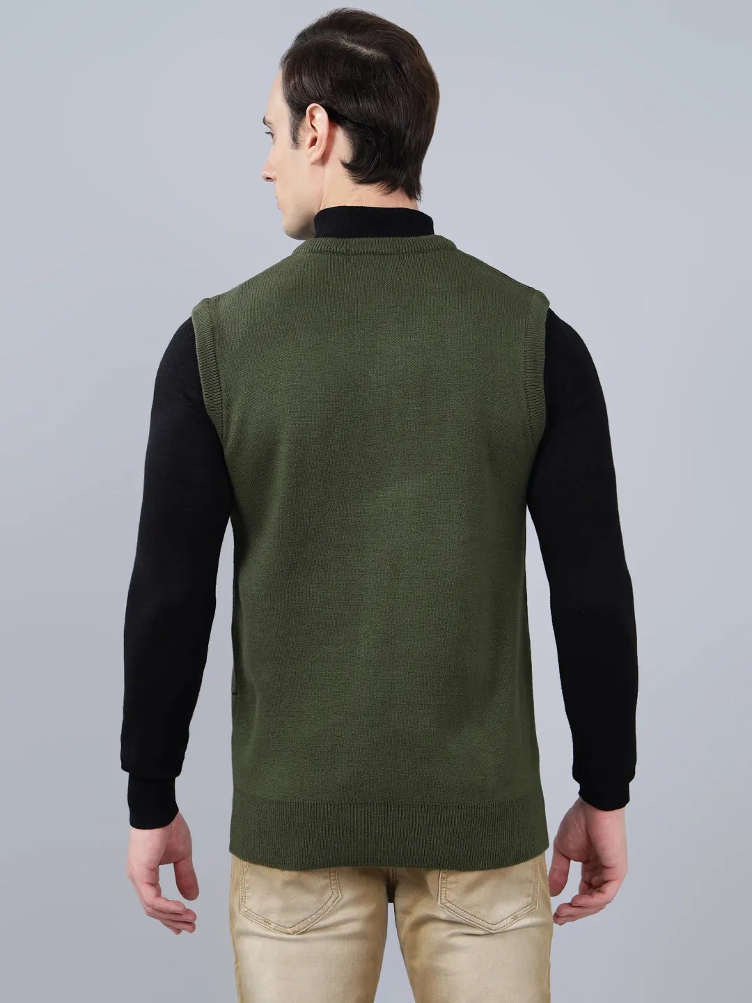 Men's Checked Olive Green Sleeveless Sweater