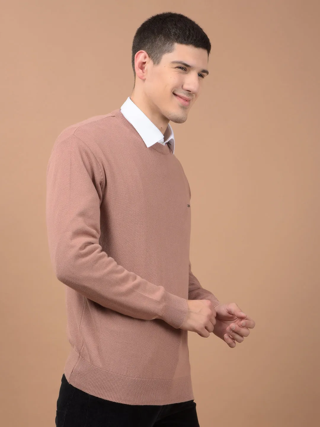 Men's Dusty Pink Solid Full Sleeve Sweater