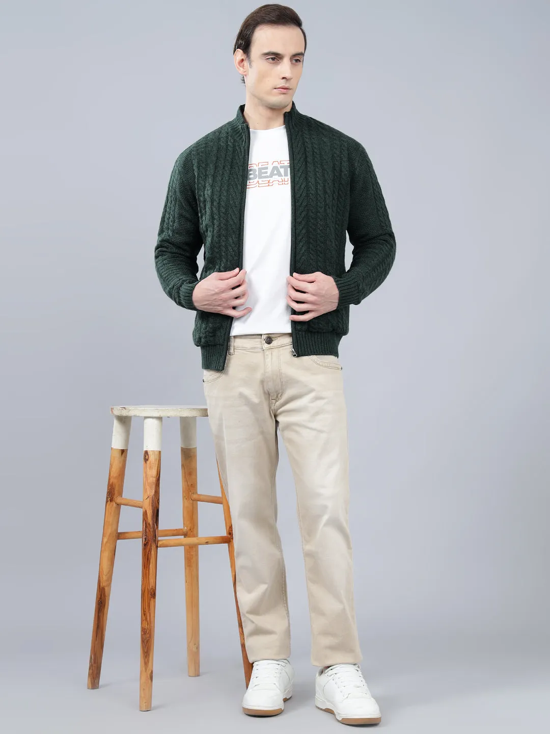 Men's Jacquard Green Full Sleeve Sweater