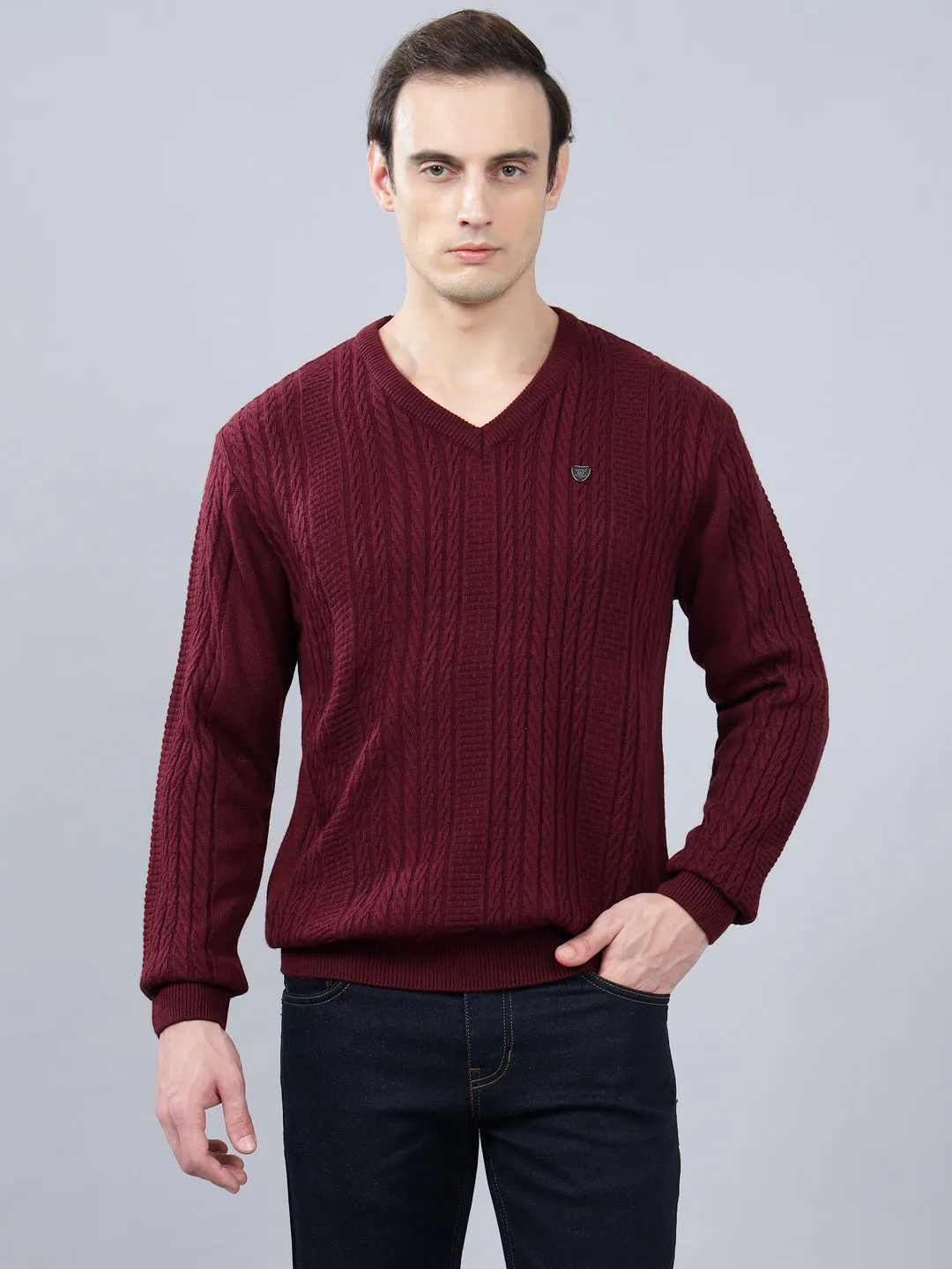 Men's Jacquard Maroon Full Sleeve Sweater