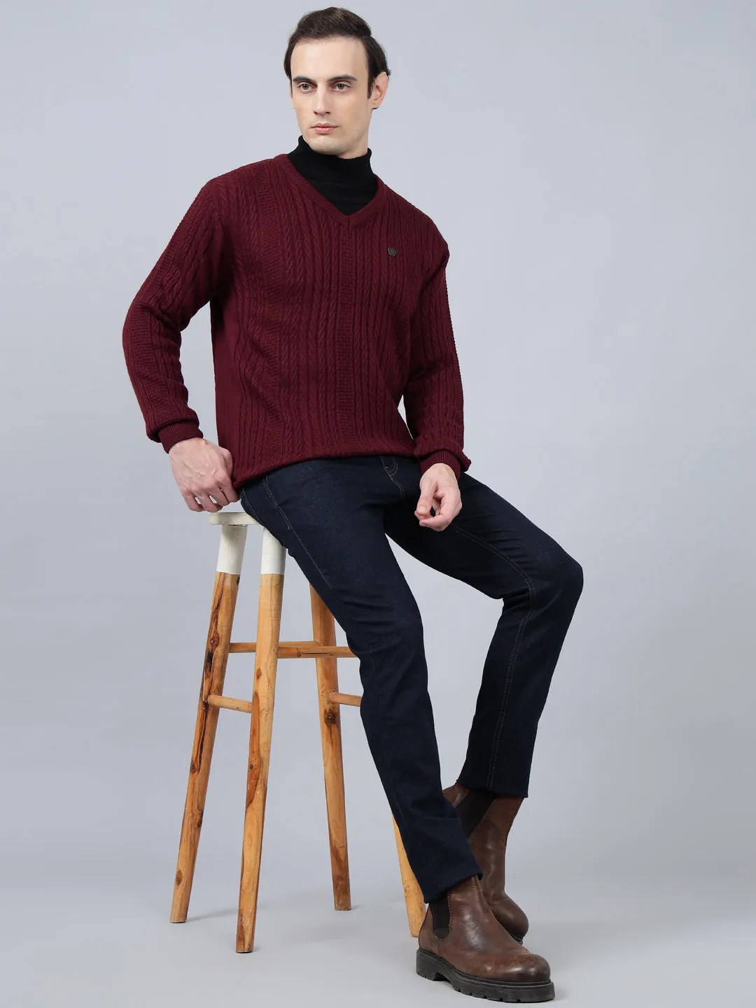 Men's Jacquard Maroon Full Sleeve Sweater