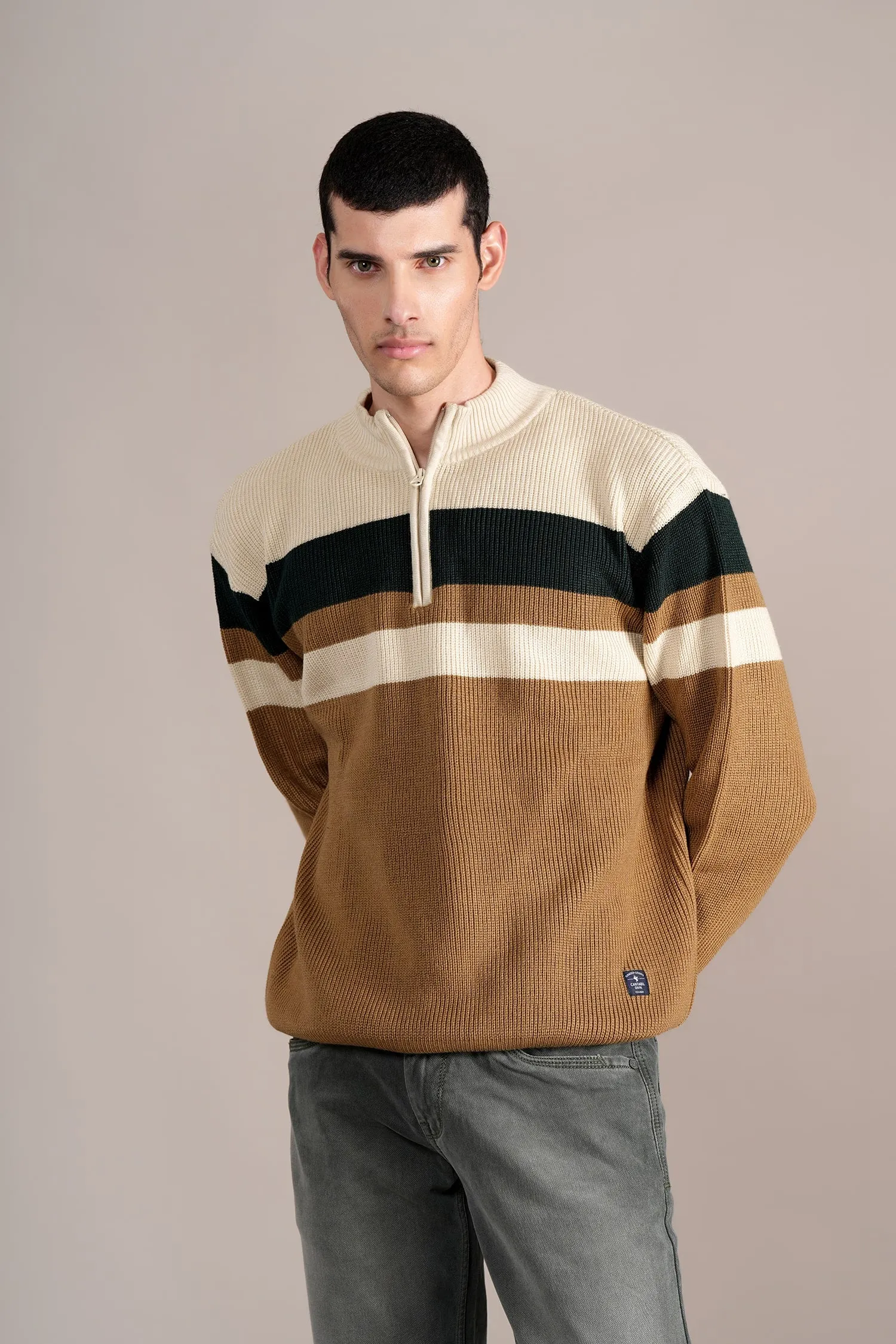 Men's Khaki Colorblock Full Sleeve Sweater