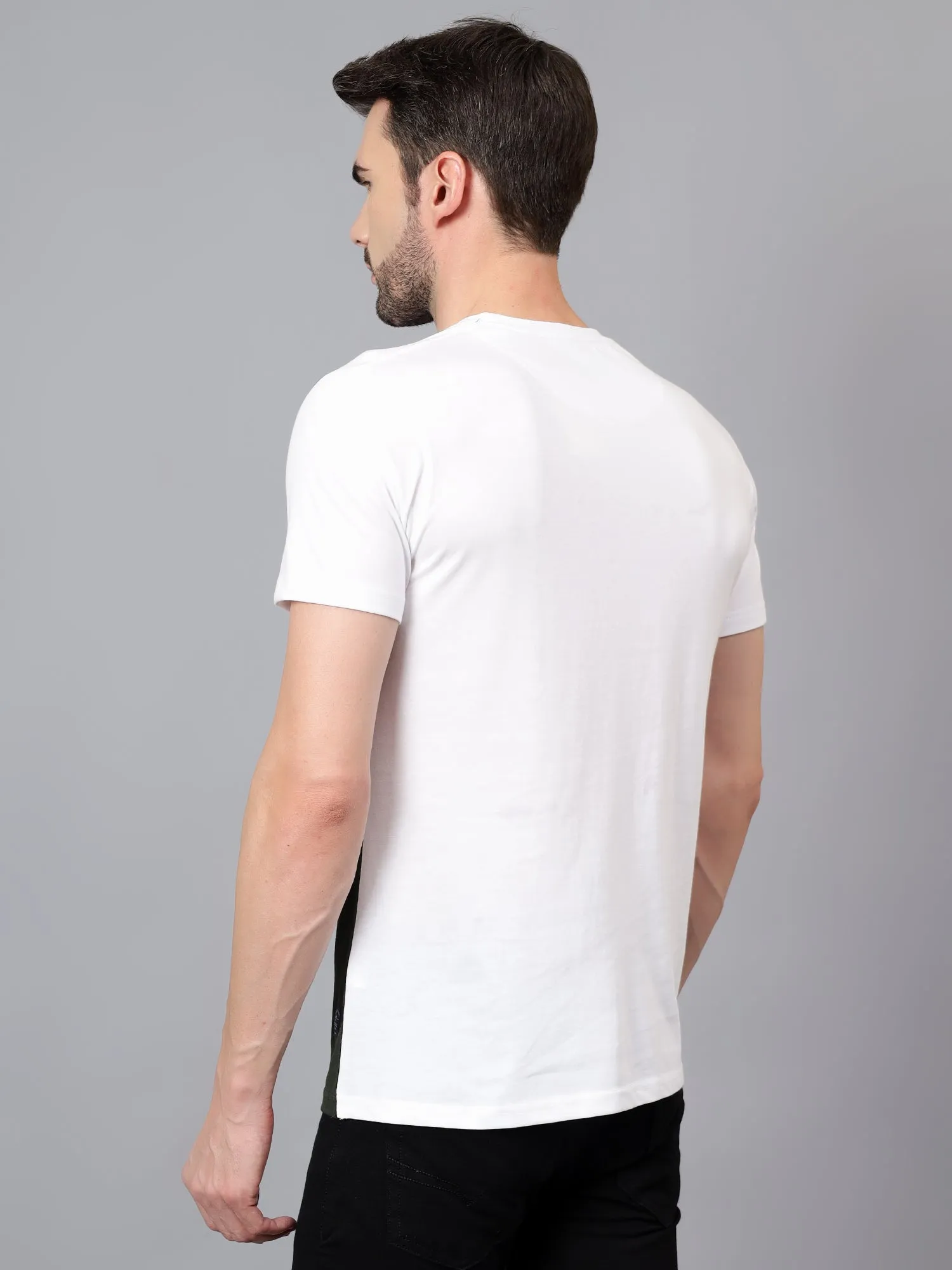 Men's Off White Color Blocked Round Neck Half Sleeve T-shirt