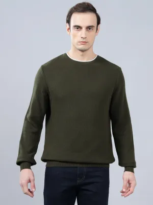 Men's Olive Green Self Design Full Sleeve Sweater