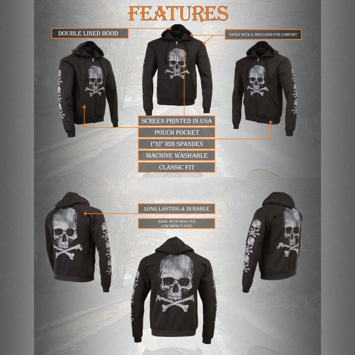 Milwaukee Leather MPMH118003 Men’s ‘Skull and Crossbones’ Black Hoodie