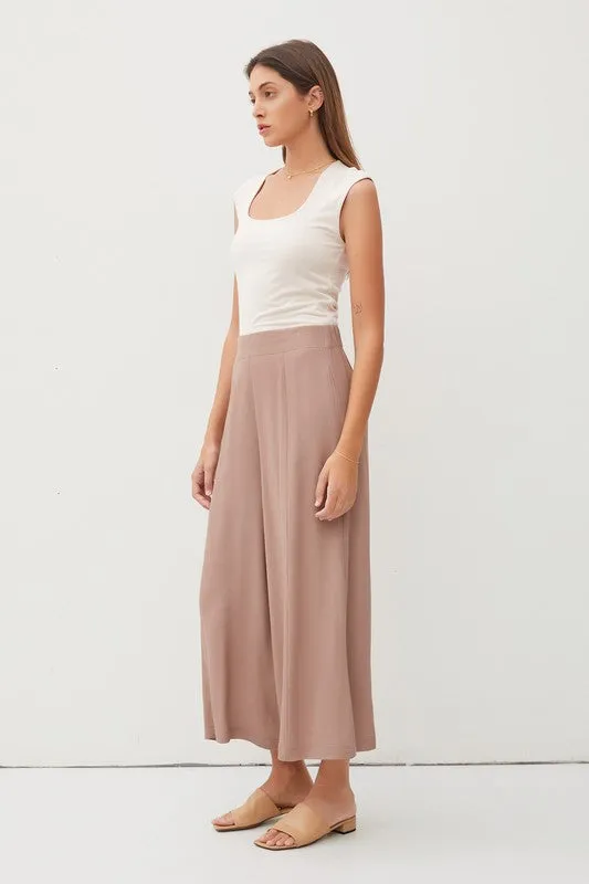 Mocha Flowy Pull On Wide Leg Capri Dress Pants