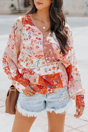 Multicolor Floral Print Patchwork Wrap V Neck Blouse