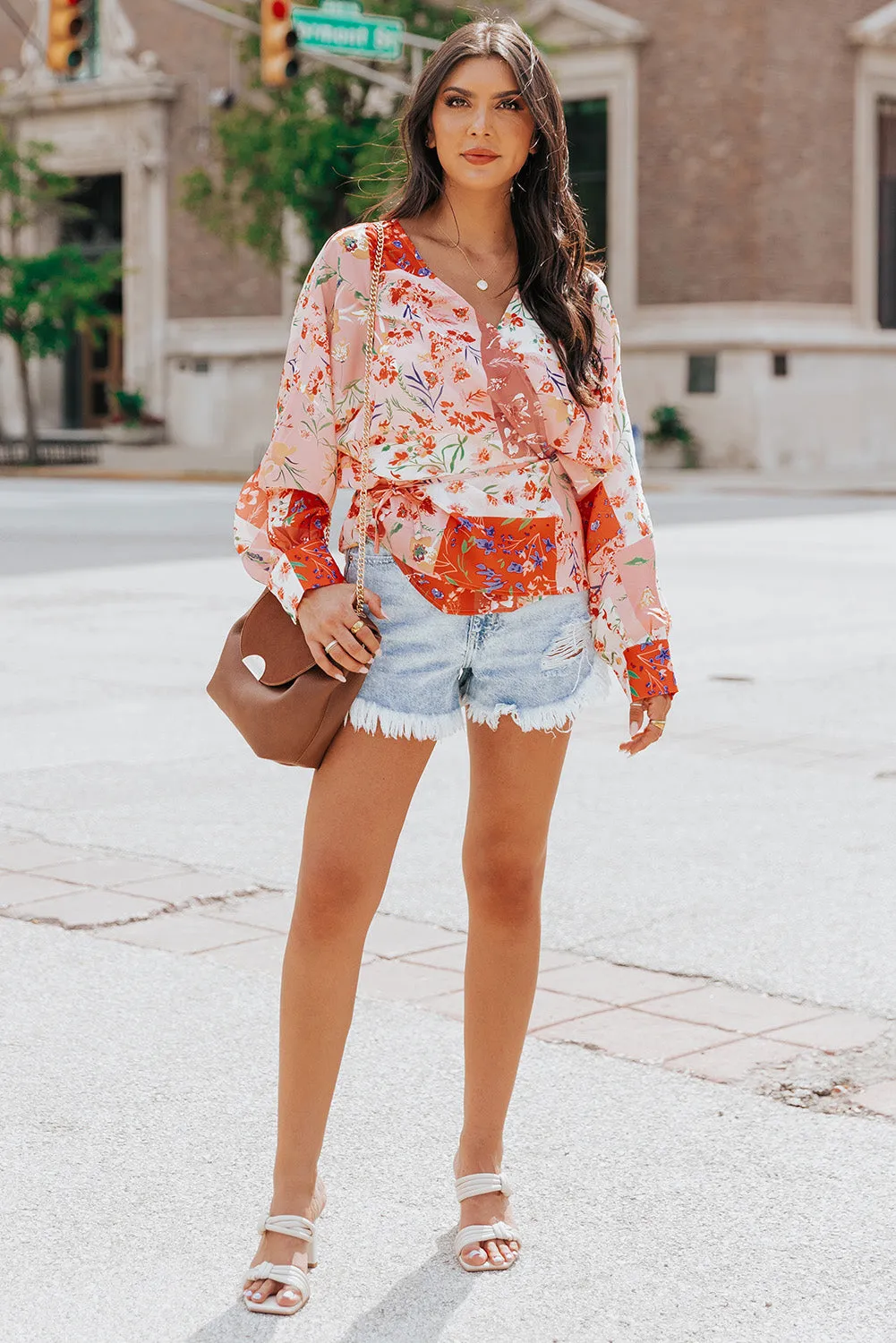 Multicolor Floral Print Patchwork Wrap V Neck Blouse