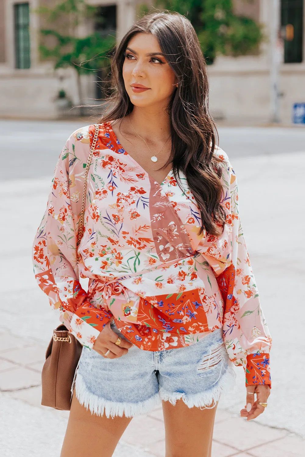 Multicolor Floral Print Patchwork Wrap V Neck Blouse