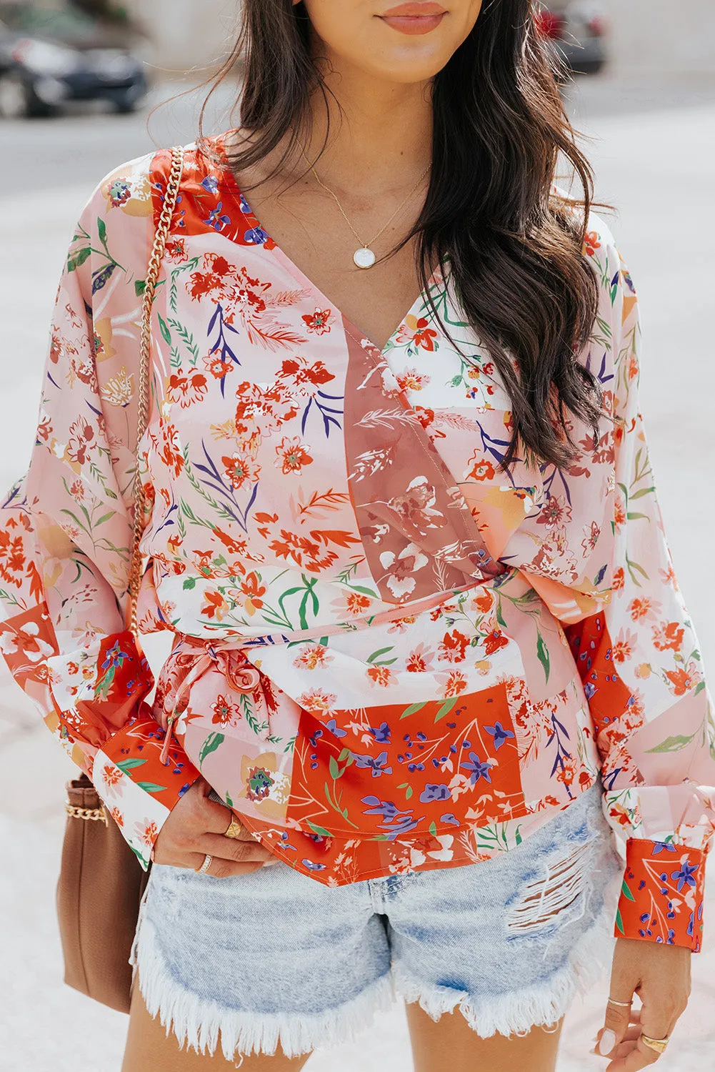 Multicolor Floral Print Patchwork Wrap V Neck Blouse