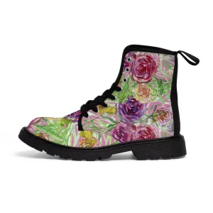 Pink Flower Print Women's Boots, Best Vintage Style Premium Quality Winter Boots For Ladies