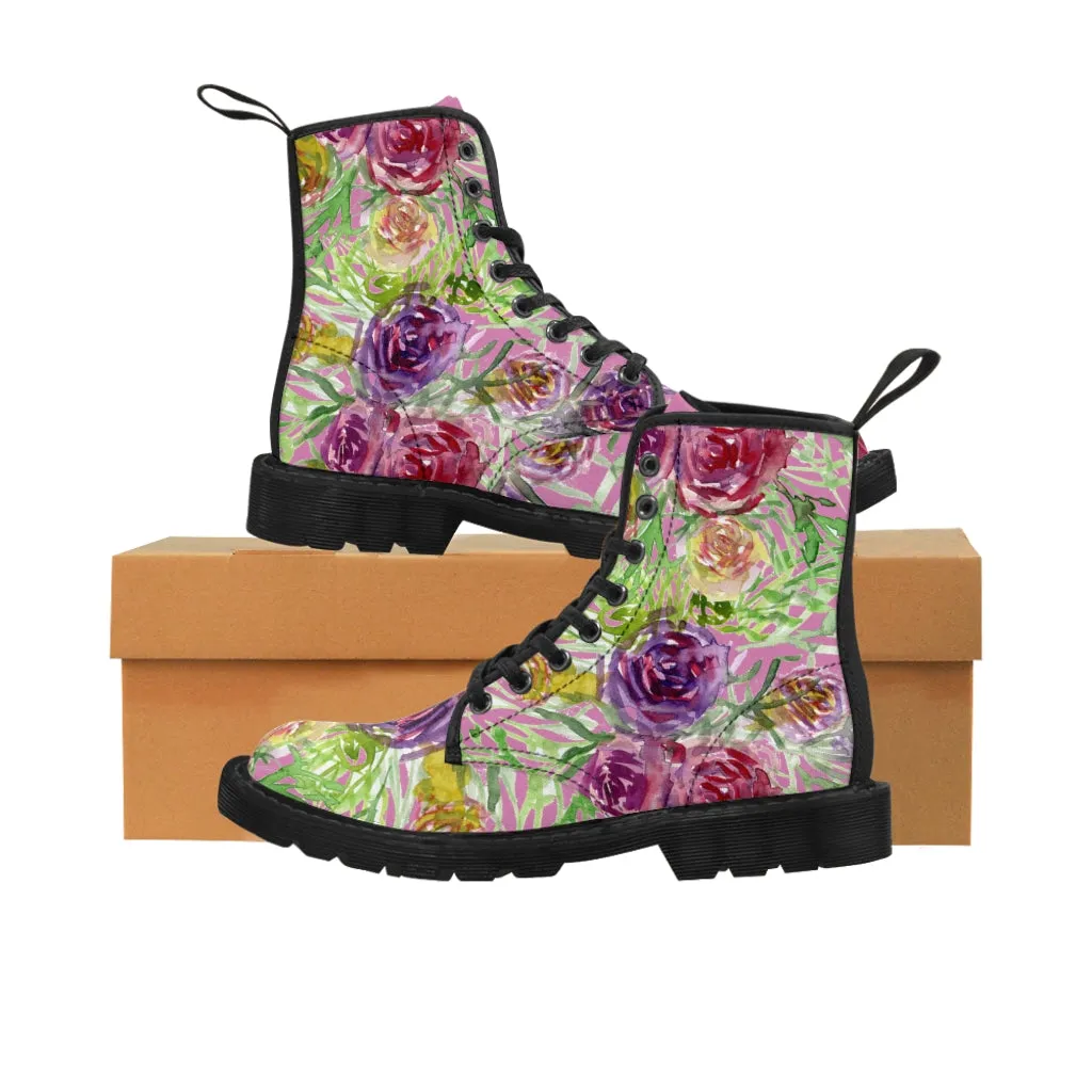 Pink Flower Print Women's Boots, Best Vintage Style Premium Quality Winter Boots For Ladies