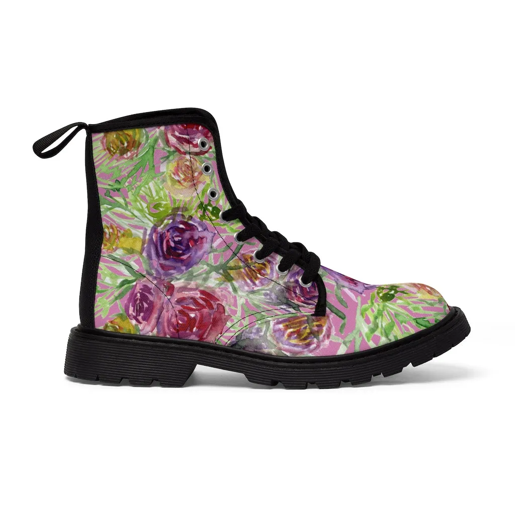 Pink Flower Print Women's Boots, Best Vintage Style Premium Quality Winter Boots For Ladies