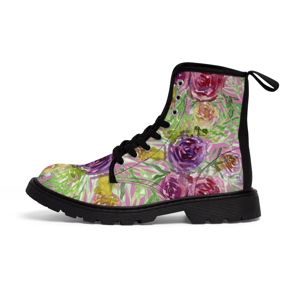 Pink Flower Print Women's Boots, Best Vintage Style Premium Quality Winter Boots For Ladies