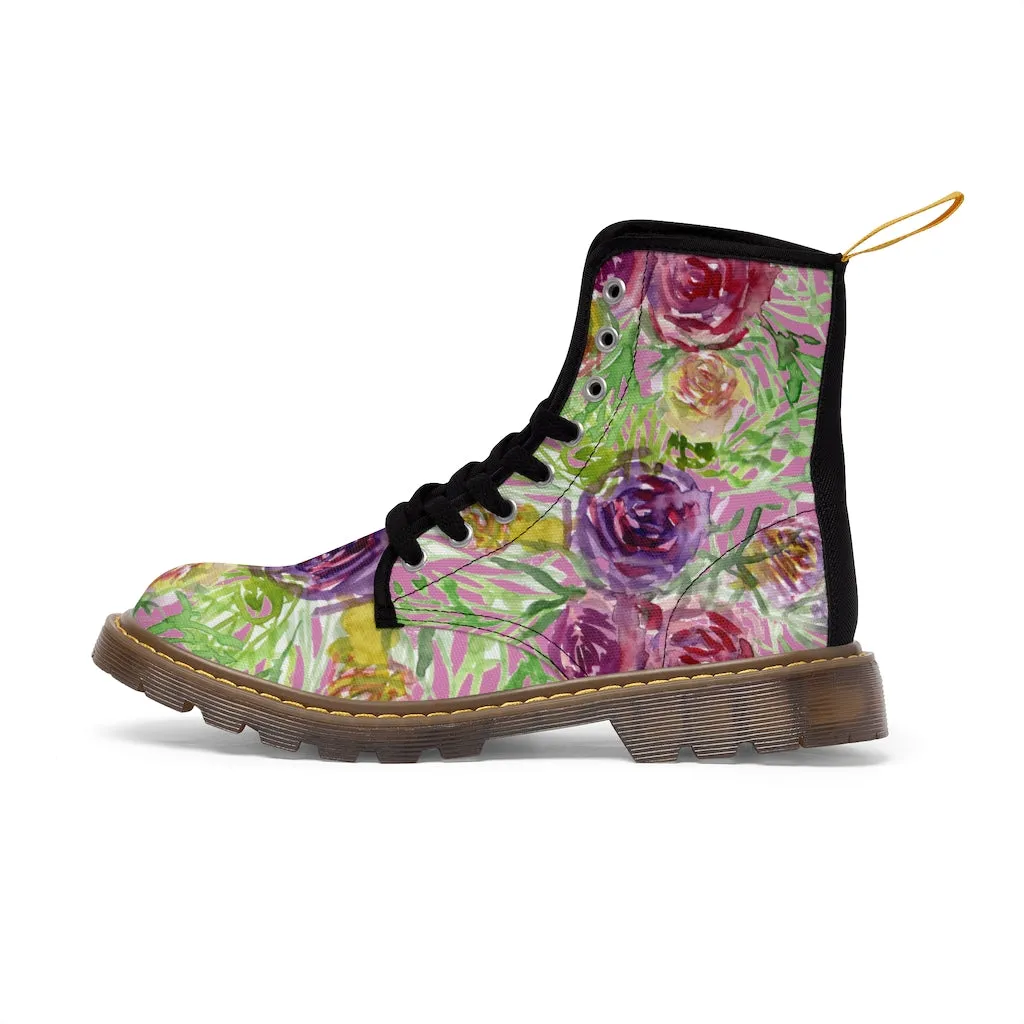 Pink Flower Print Women's Boots, Best Vintage Style Premium Quality Winter Boots For Ladies