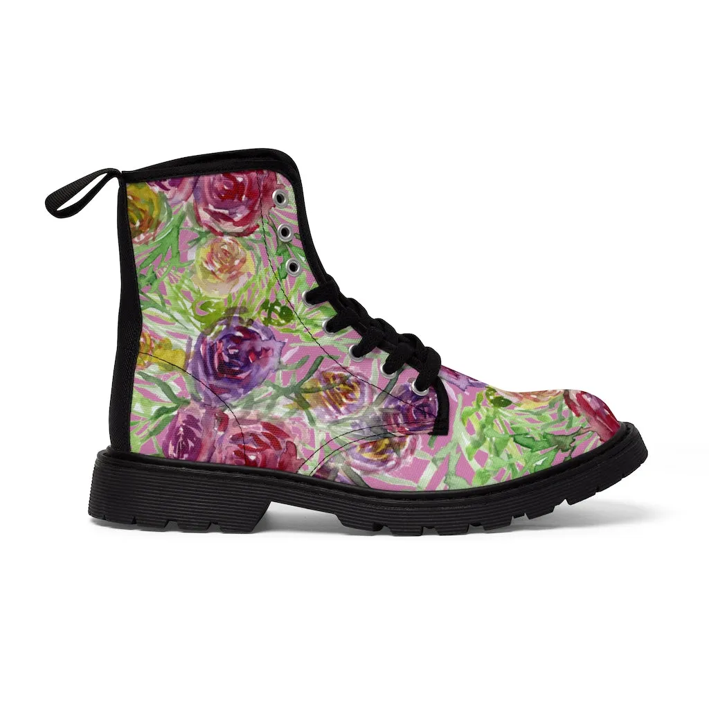 Pink Flower Print Women's Boots, Best Vintage Style Premium Quality Winter Boots For Ladies