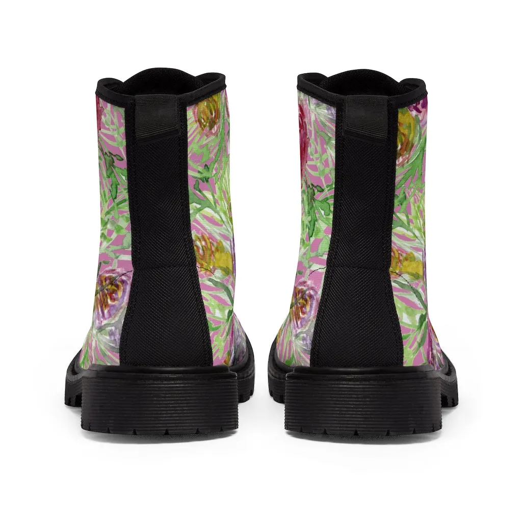 Pink Flower Print Women's Boots, Best Vintage Style Premium Quality Winter Boots For Ladies