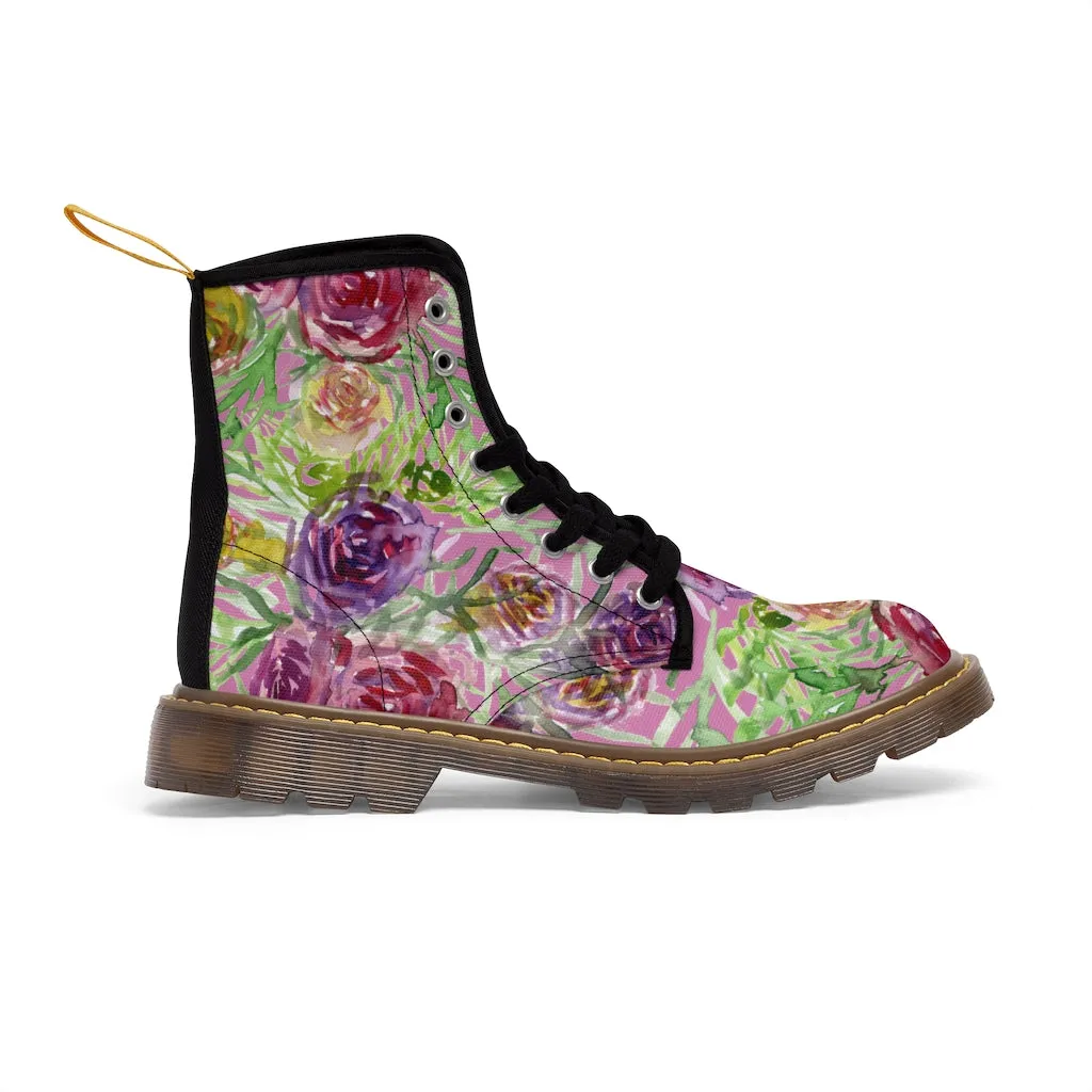 Pink Flower Print Women's Boots, Best Vintage Style Premium Quality Winter Boots For Ladies