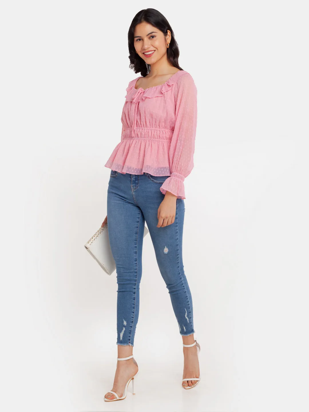 Pink Self Design Elasticated Top