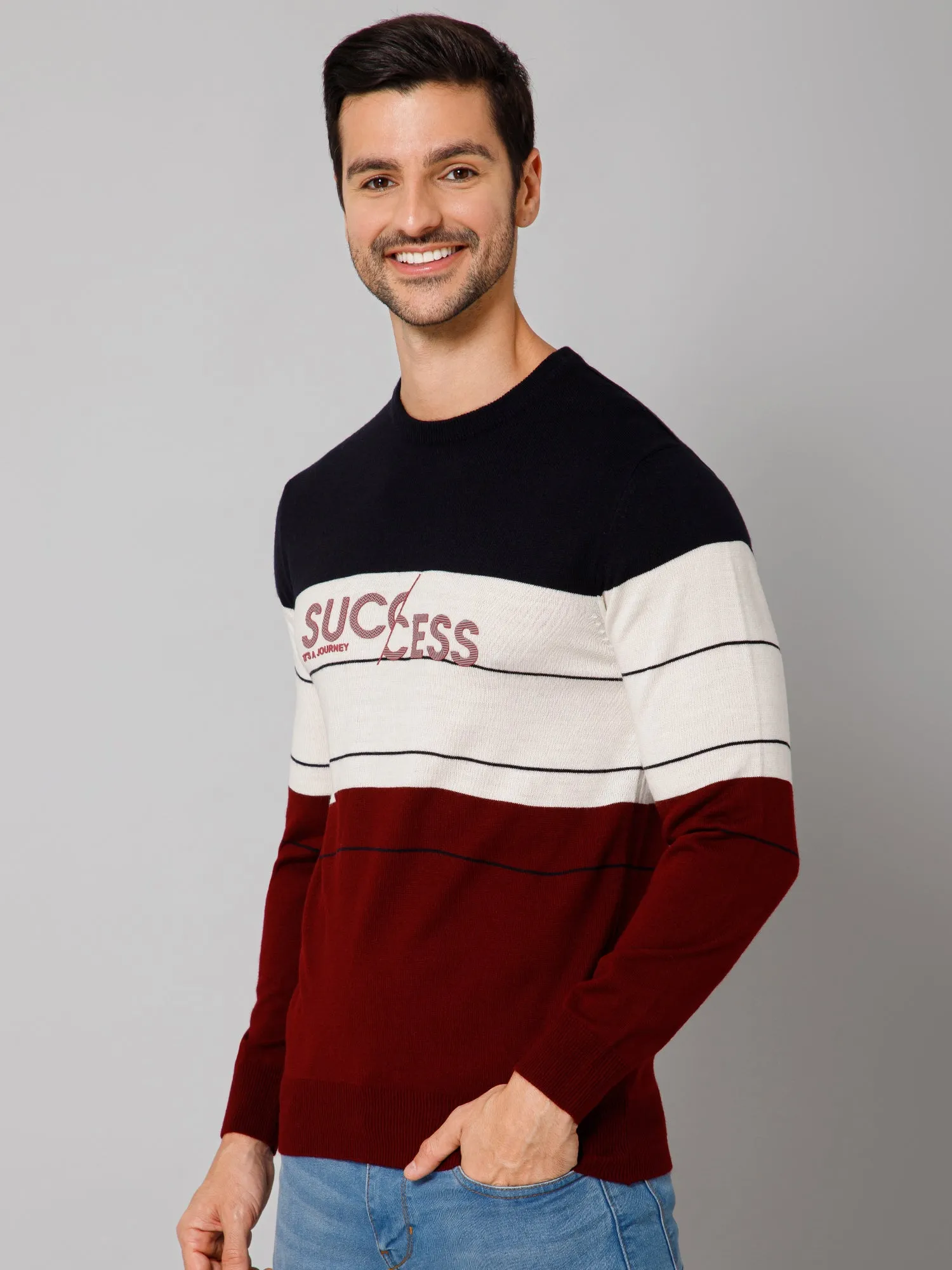 Printed Maroon Full Sleeves Round Neck Regular Fit Casual Sweater for Men