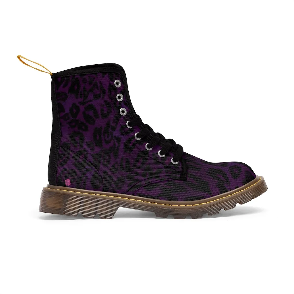 Purple Leopard Women's Canvas Boots, Best Leopard Animal Print Winter Boots For Ladies