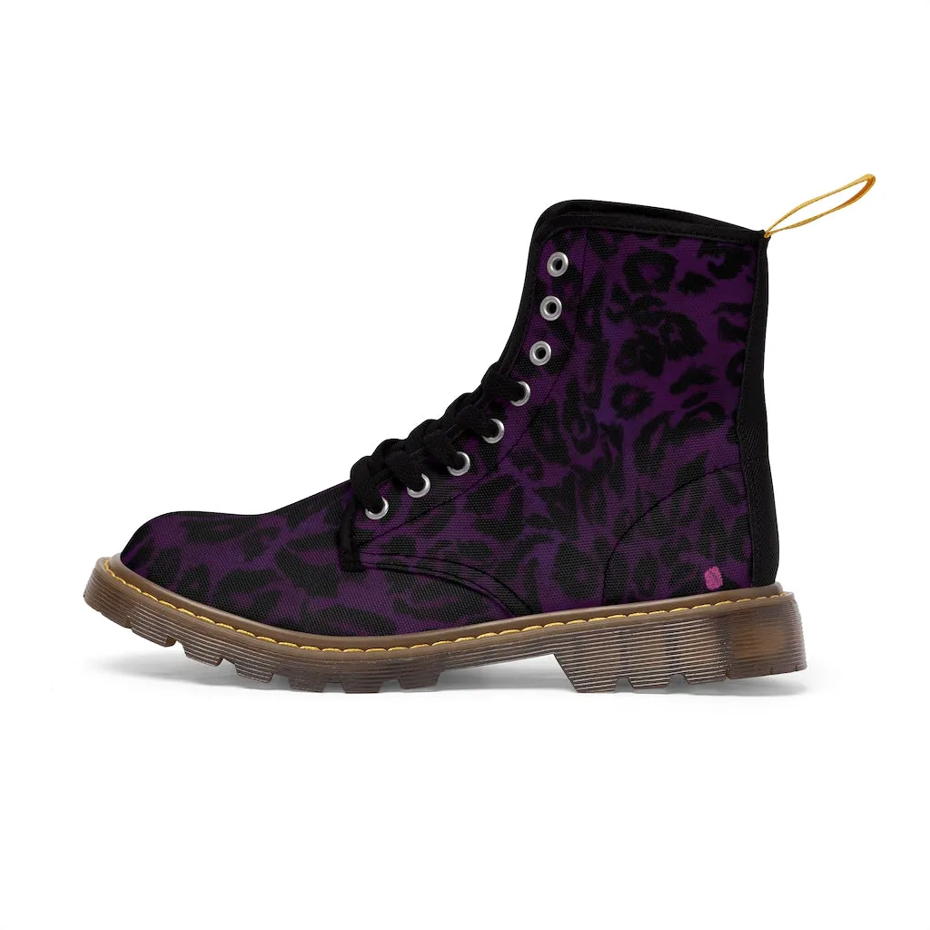 Purple Leopard Women's Canvas Boots, Best Leopard Animal Print Winter Boots For Ladies