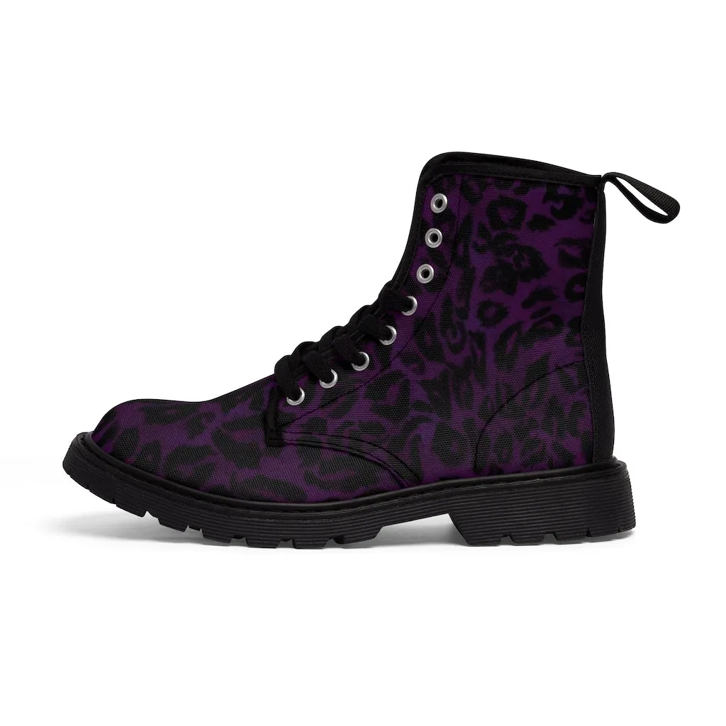 Purple Leopard Women's Canvas Boots, Best Leopard Animal Print Winter Boots For Ladies