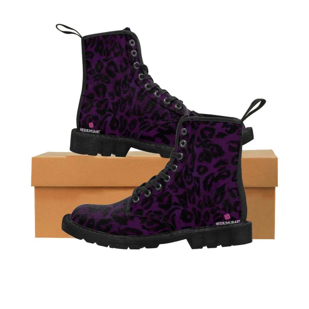 Purple Leopard Women's Canvas Boots, Best Leopard Animal Print Winter Boots For Ladies