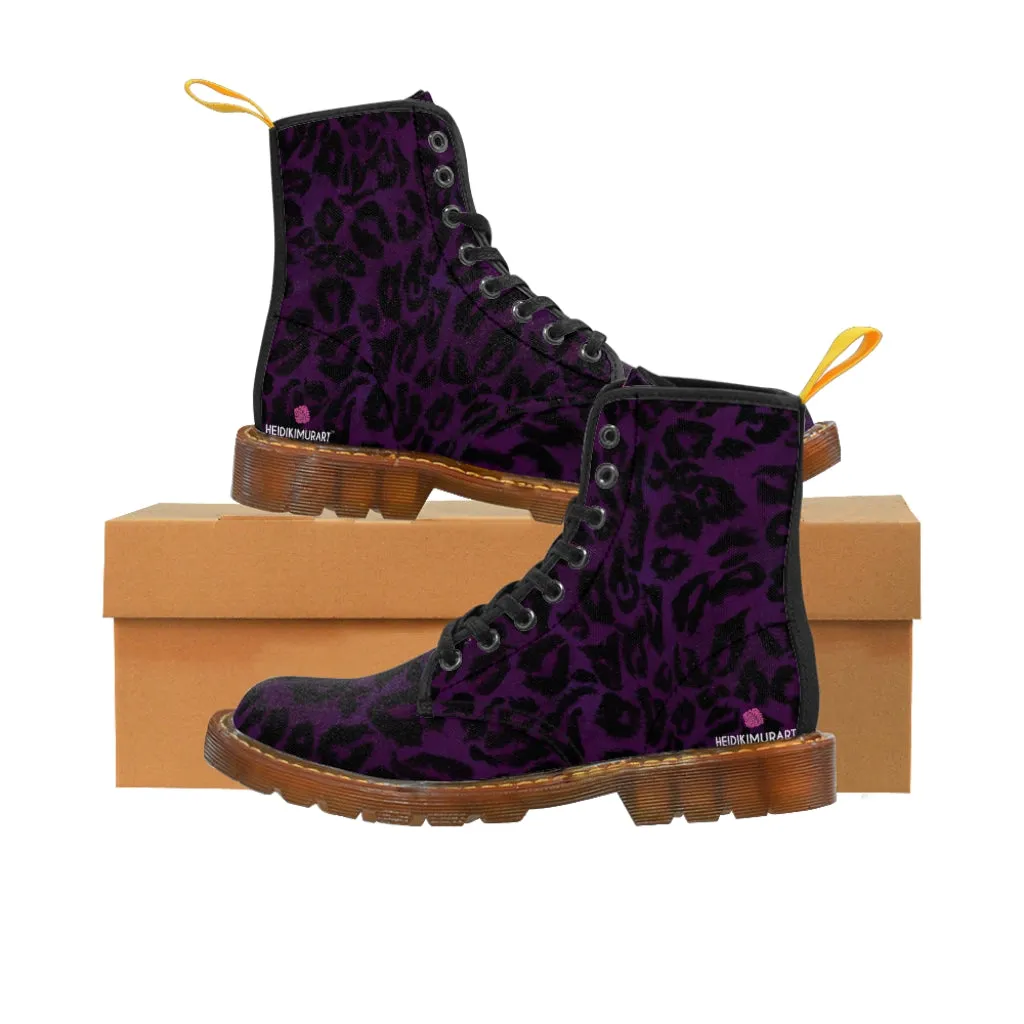 Purple Leopard Women's Canvas Boots, Best Leopard Animal Print Winter Boots For Ladies