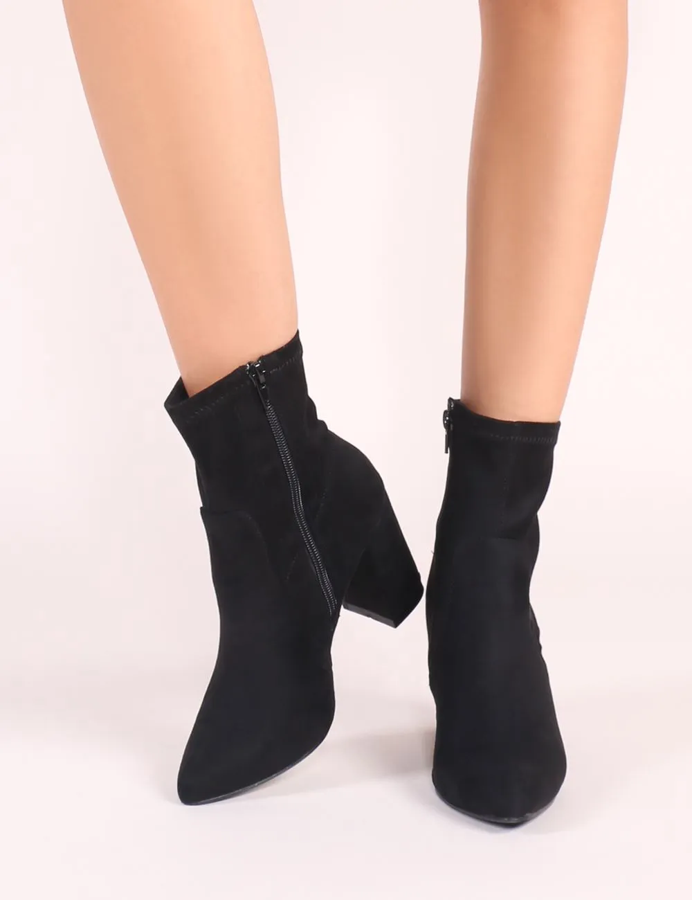 Raya Pointed Toe Ankle Boots in Black Faux Suede