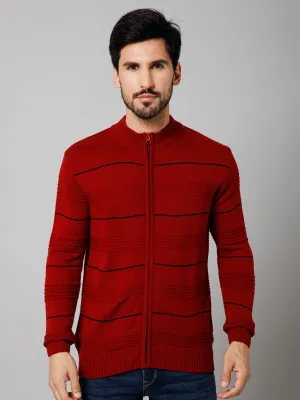 Self Design Red Mock Collar Full Sleeves Regular Fit Casual Sweater For Mens