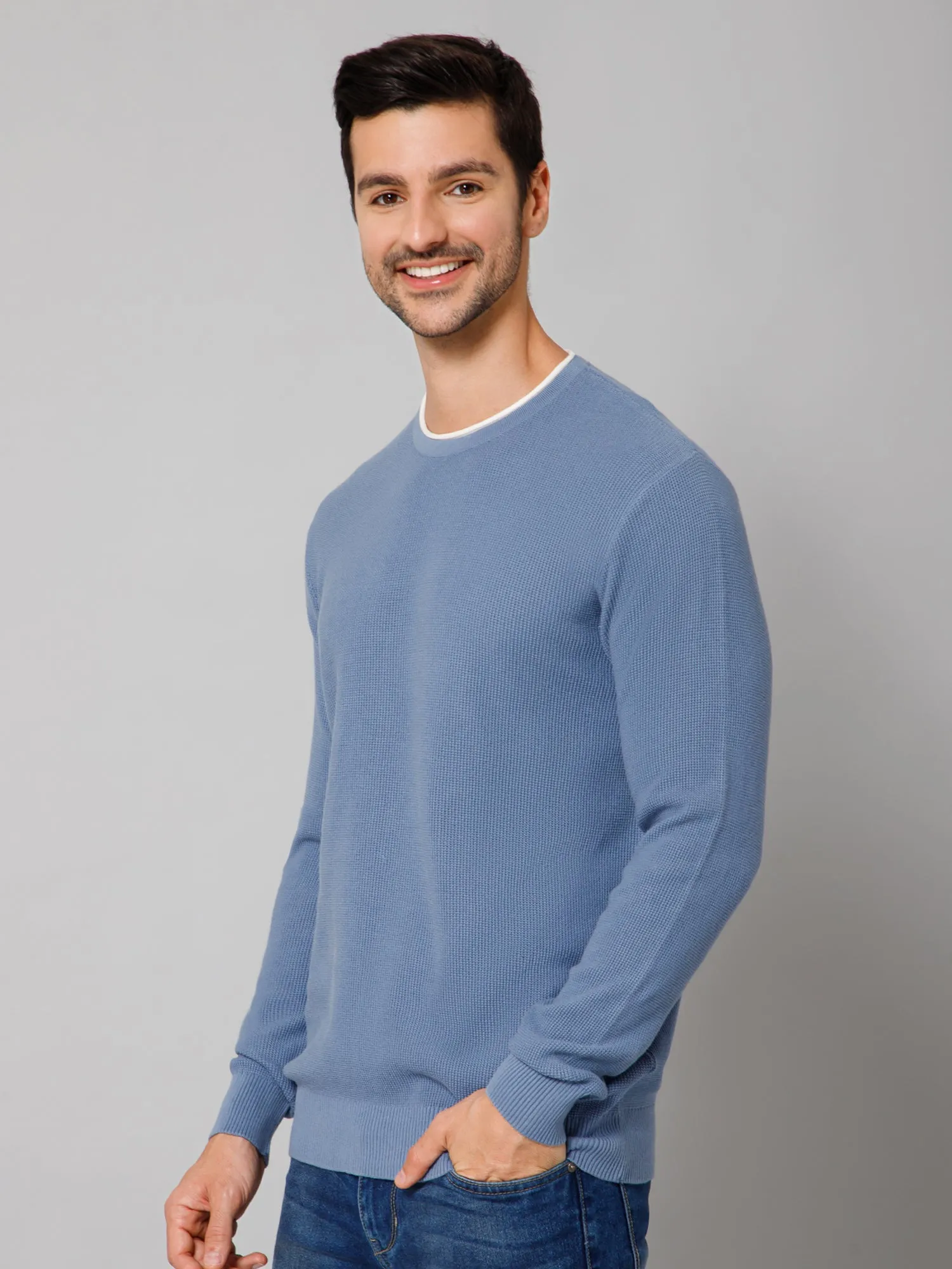 Self Design Sky Blue Full Sleeves Round Neck Regular Fit Casual Sweater for Men