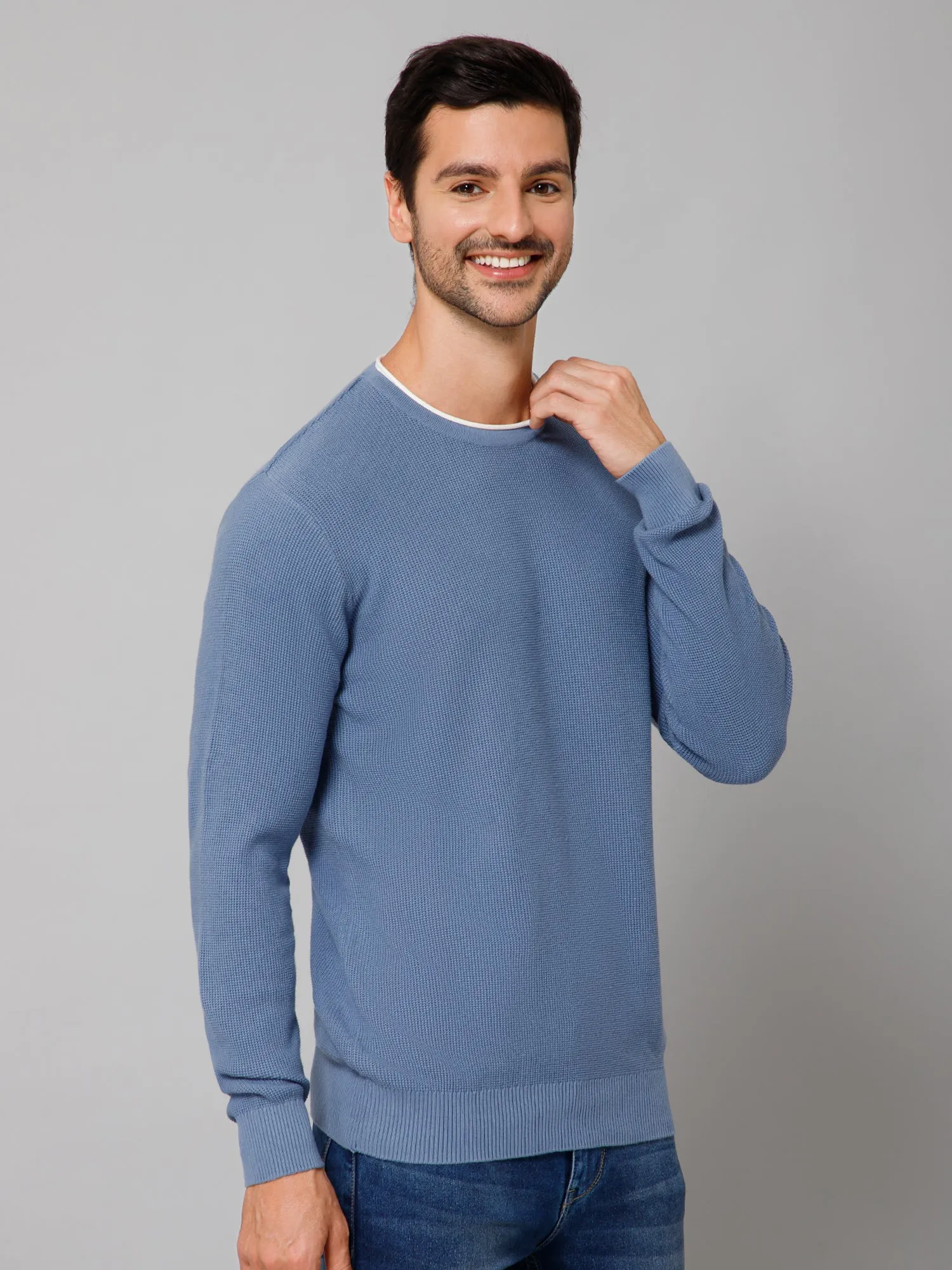 Self Design Sky Blue Full Sleeves Round Neck Regular Fit Casual Sweater for Men