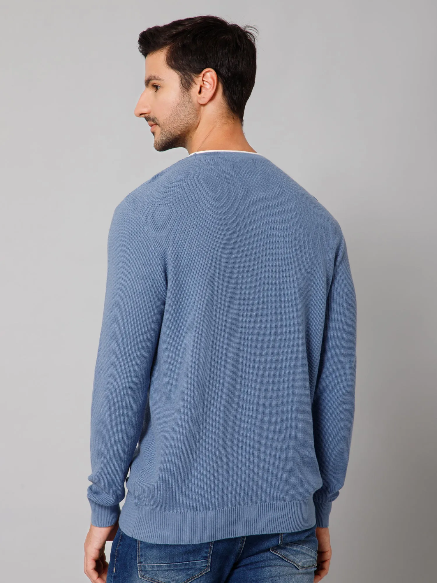 Self Design Sky Blue Full Sleeves Round Neck Regular Fit Casual Sweater for Men