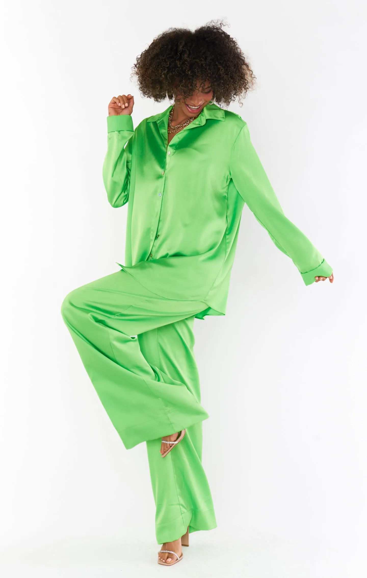 Show Me Your Mumu Hayes Trousers in Bright Green Luxe Satin