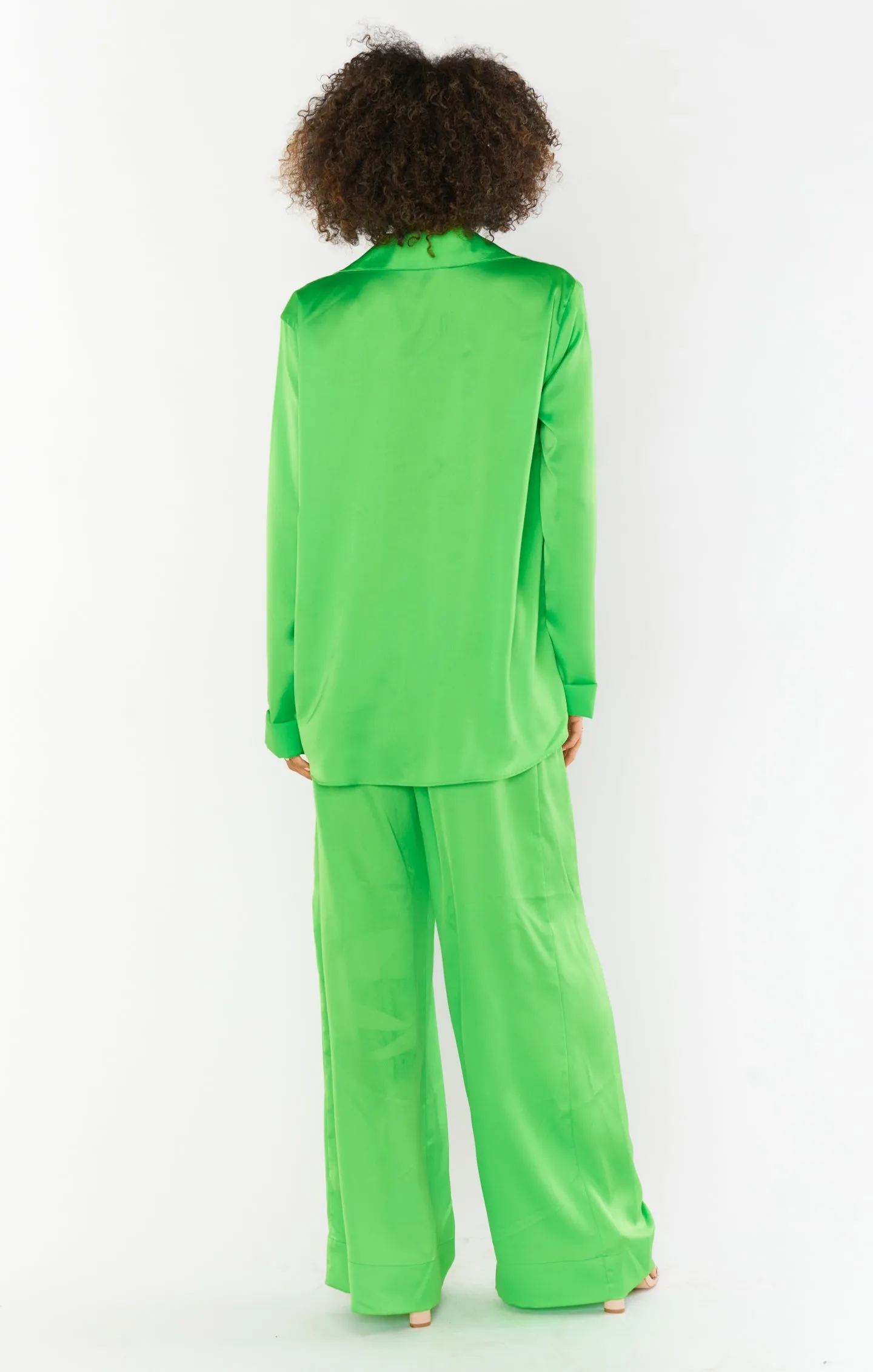 Show Me Your Mumu Hayes Trousers in Bright Green Luxe Satin