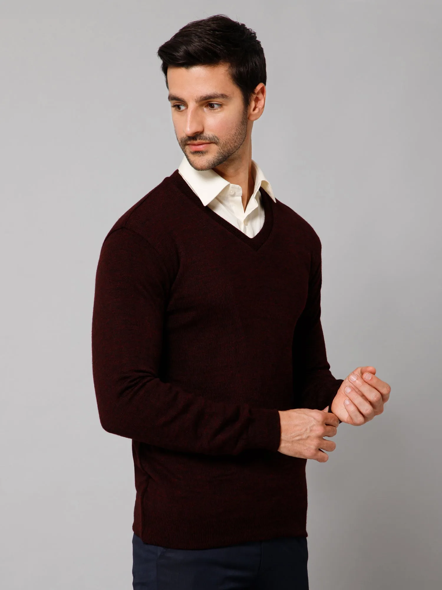 Solid Maroon and Navy Full Sleeves V Neck Reversible Regular Fit Casual Sweater for Men