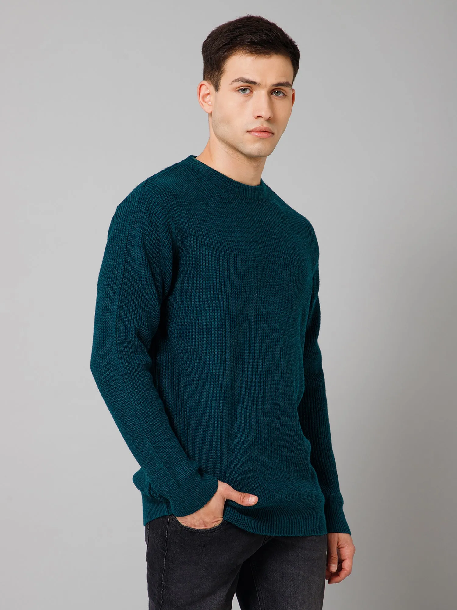 Solid Teal Blue Full Sleeves Round Neck Regular Fit Casual Sweater for Men