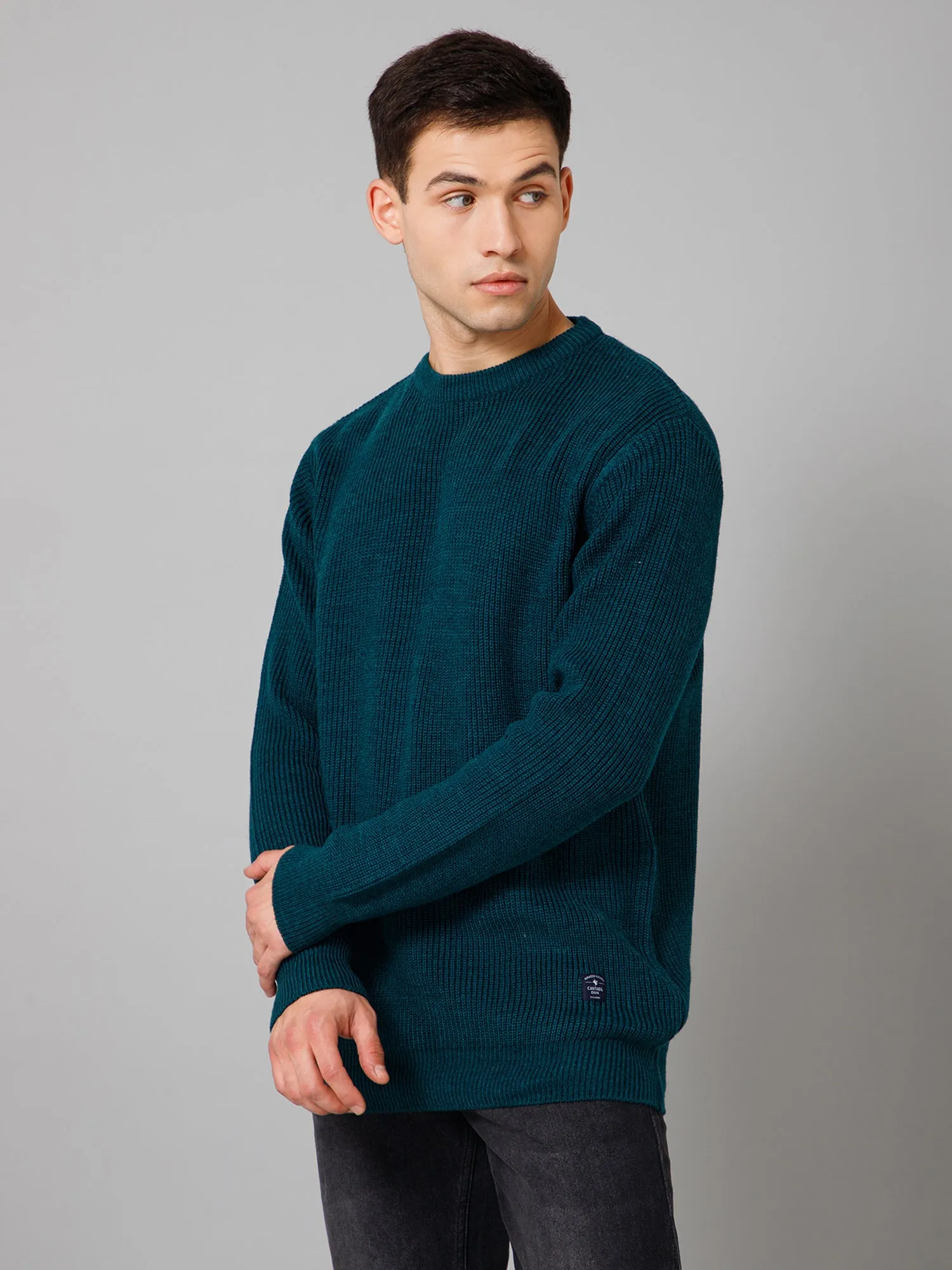 Solid Teal Blue Full Sleeves Round Neck Regular Fit Casual Sweater for Men