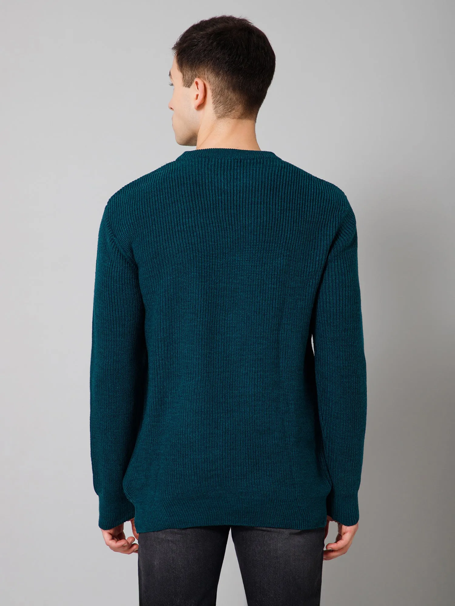 Solid Teal Blue Full Sleeves Round Neck Regular Fit Casual Sweater for Men