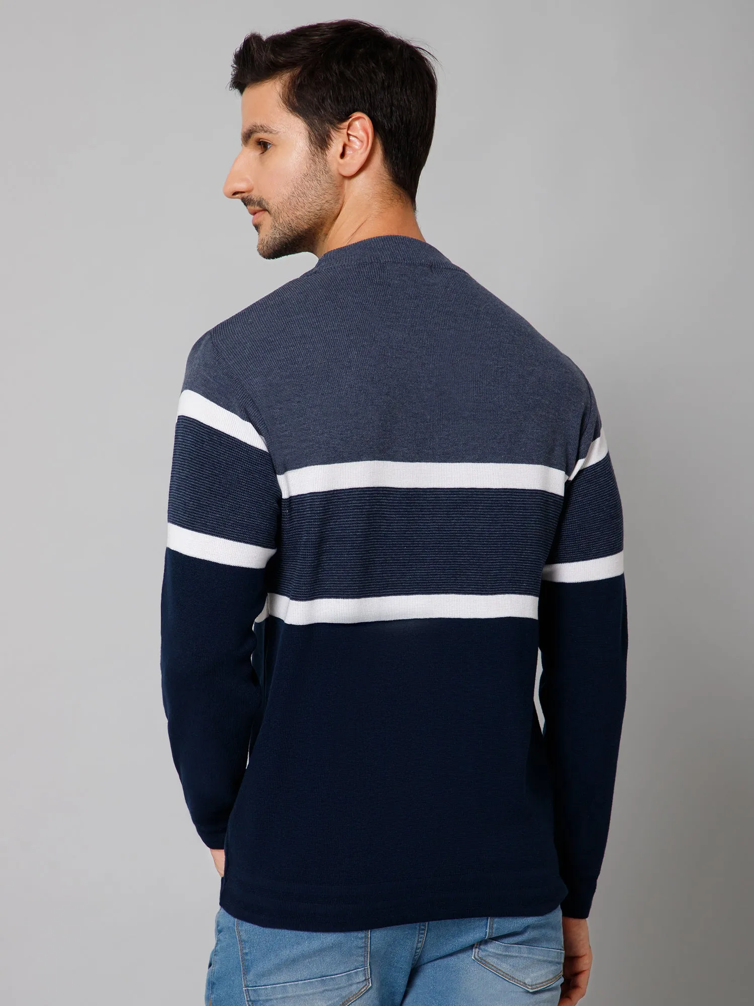 Stripe Navy Blue Full Sleeves Round Neck Regular Fit Casual Sweater for Men