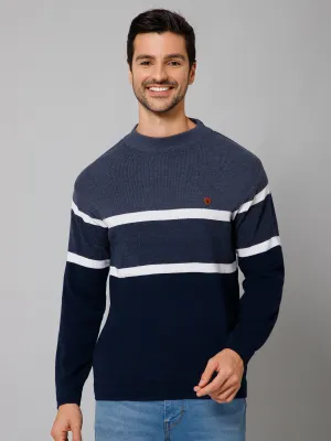 Stripe Navy Blue Full Sleeves Round Neck Regular Fit Casual Sweater for Men