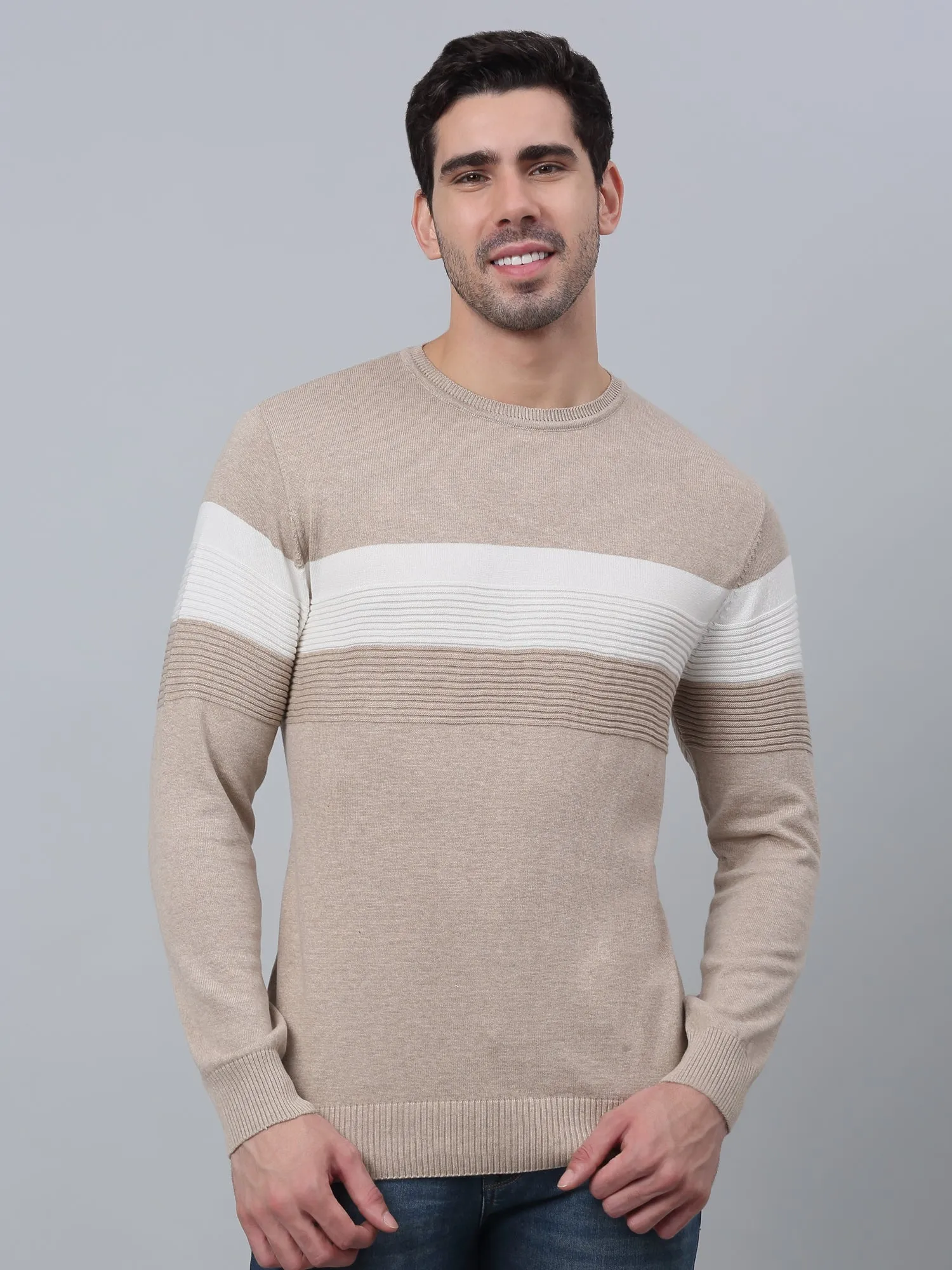 Striped Beige Full Sleeves Round Neck Regular Fit Casual Light Winter Sweater for Men