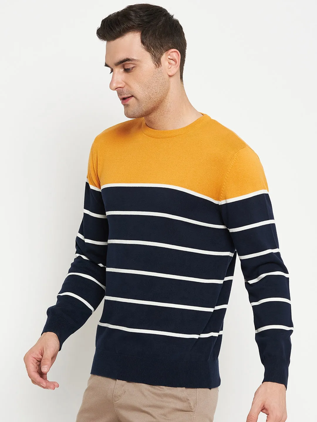 Striped Navy Blue Full Sleeves Round Neck Regular Fit Casual Sweater for Men