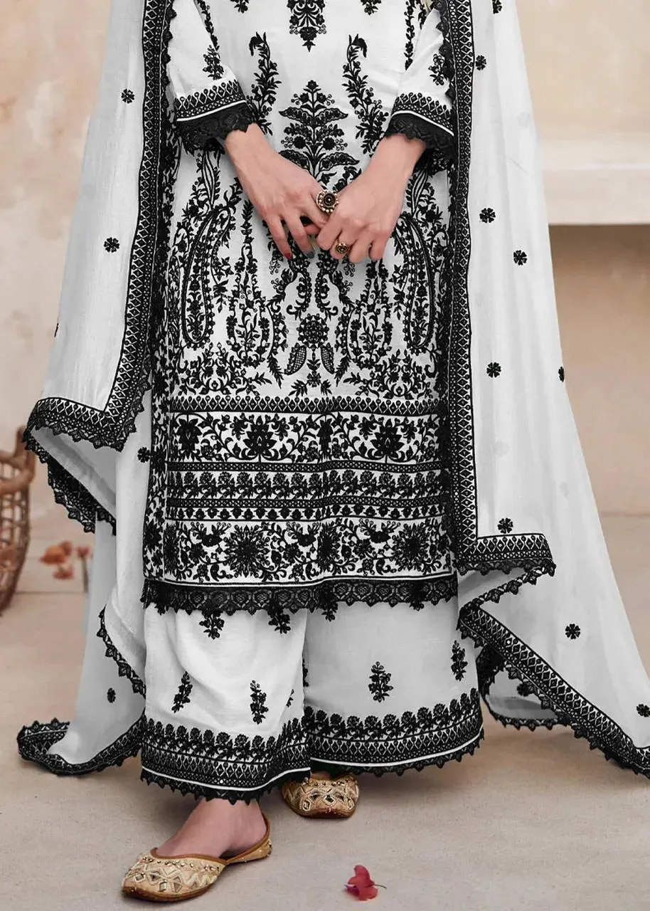 Stunning Black and White Chinon Embroidered Palazzo Suit