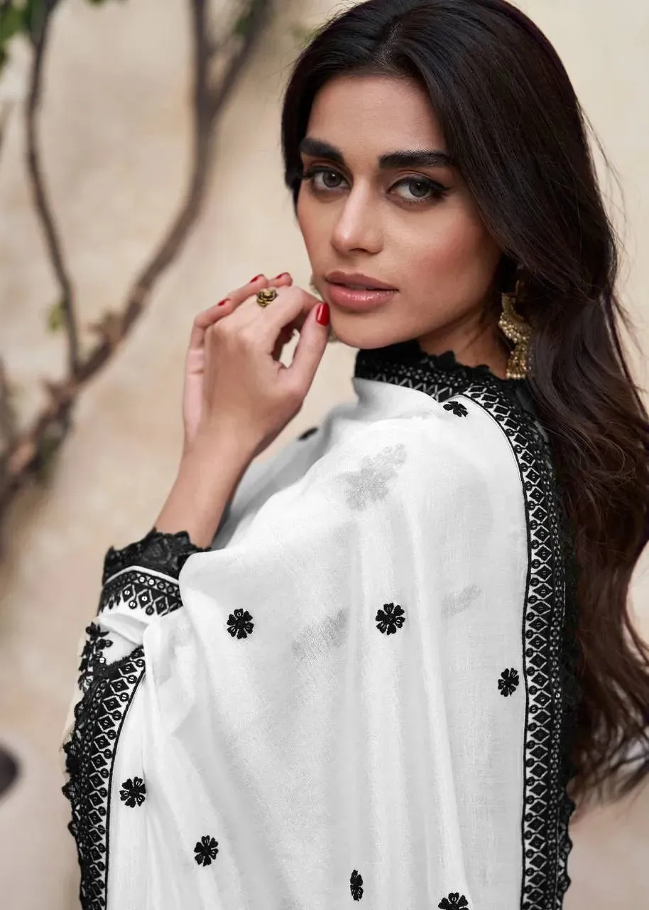 Stunning Black and White Chinon Embroidered Palazzo Suit