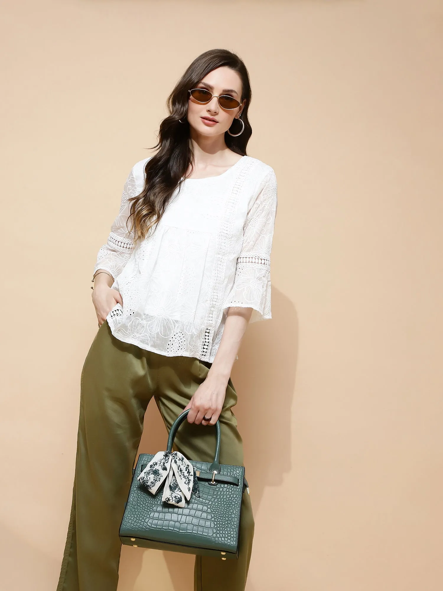 White Polyester Blend Regular Fit Blouse For Women