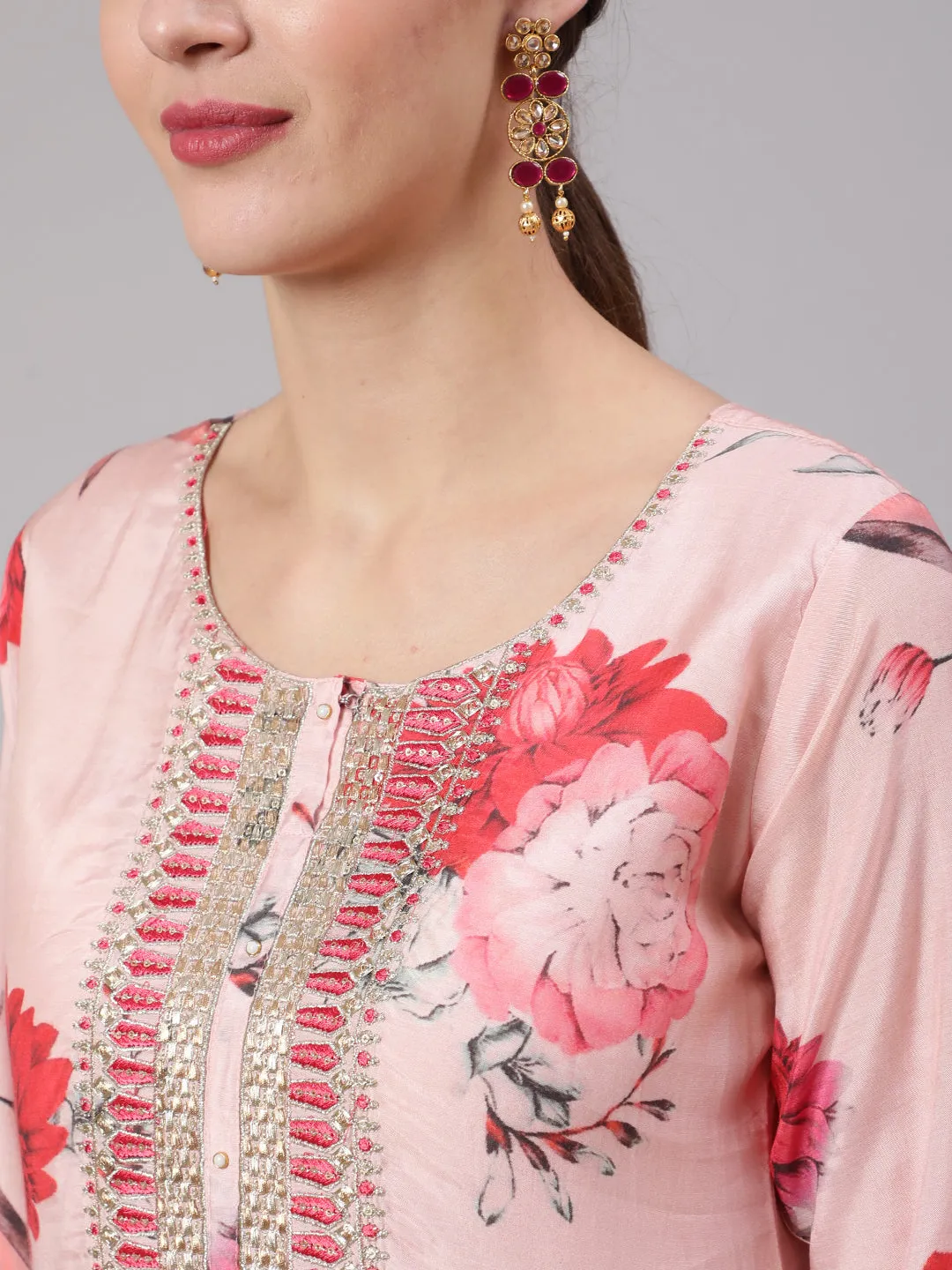 Women Pink Silk Straight  Kurta Trouser & Dupatta Set