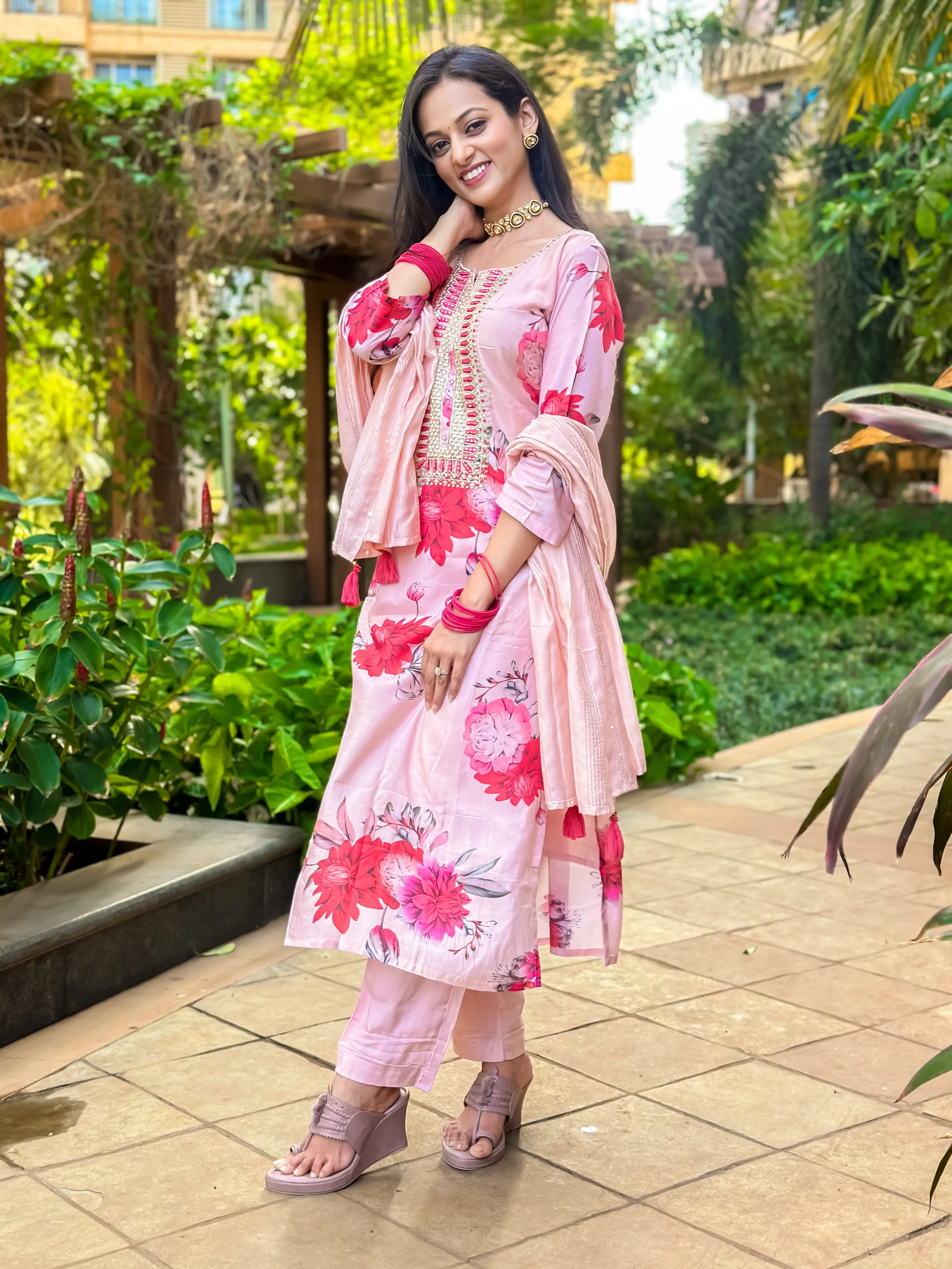 Women Pink Silk Straight  Kurta Trouser & Dupatta Set