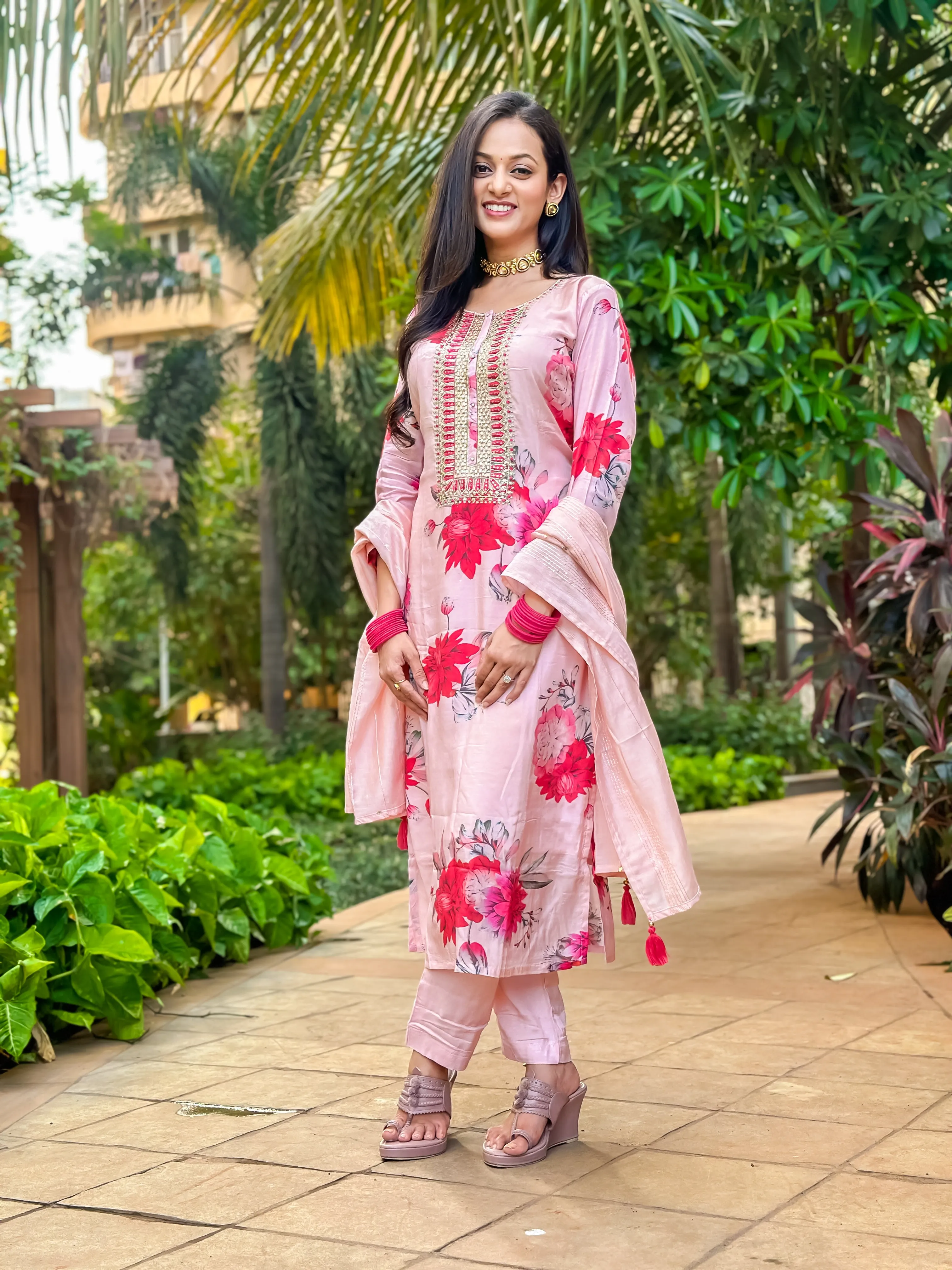 Women Pink Silk Straight  Kurta Trouser & Dupatta Set